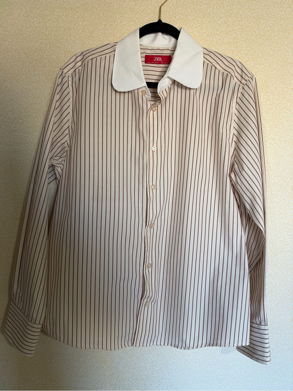 Zara White Collar Cream Shirt with Brown Pinstripes